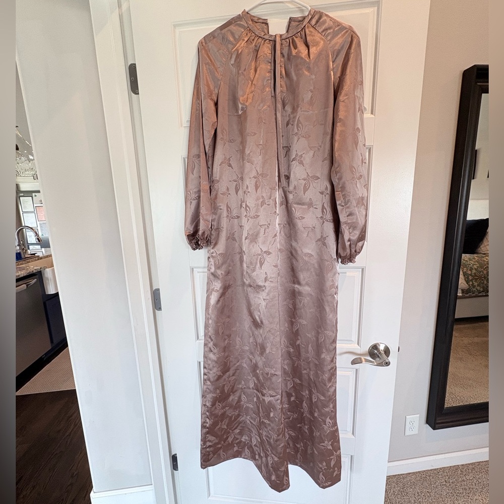 Vintage Custom Satin Floral Jacquard Long Sleeve Maxi Dress - Taupe